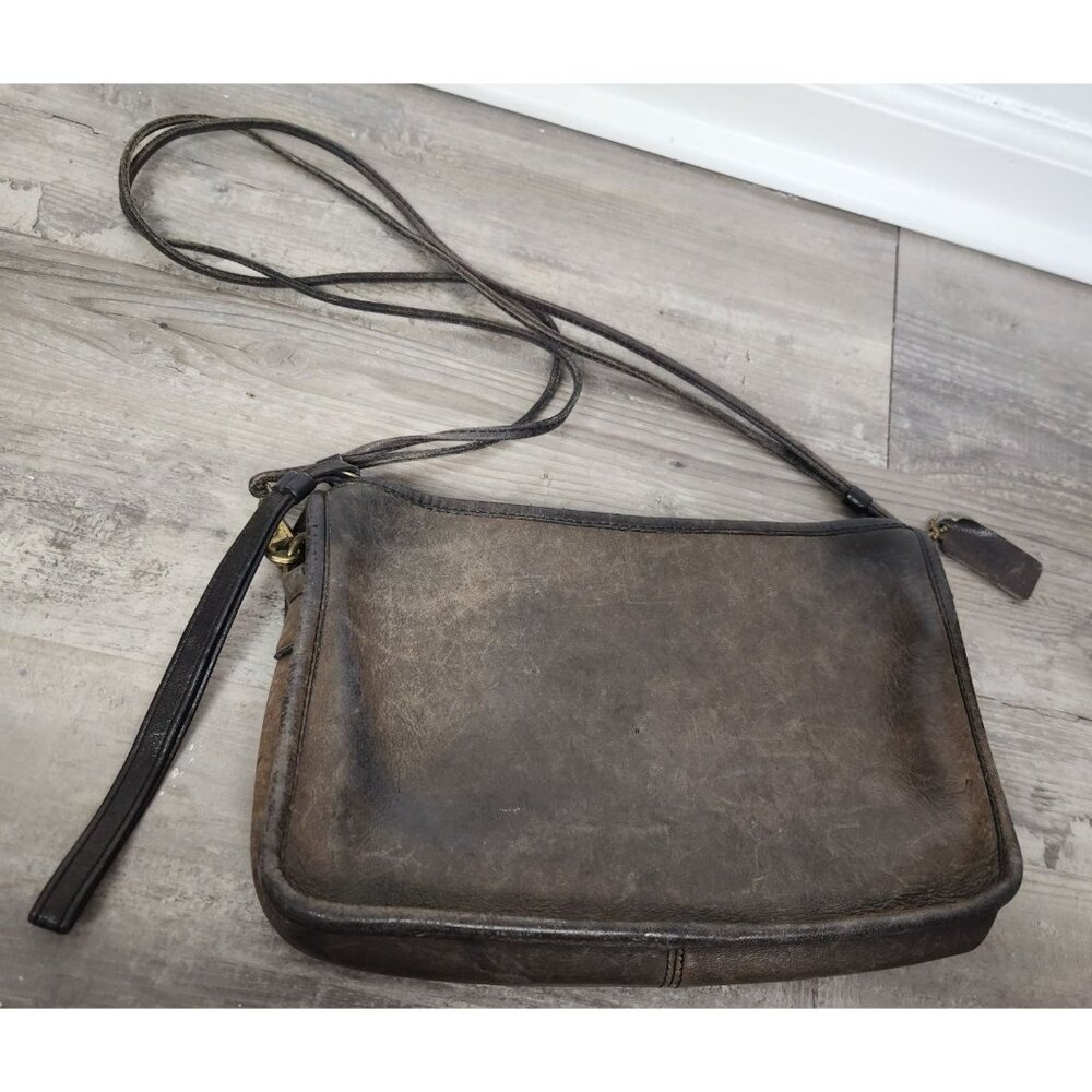 Vintage Coach 5217 Brown Leather Double Strap Crossbody Bag Worn